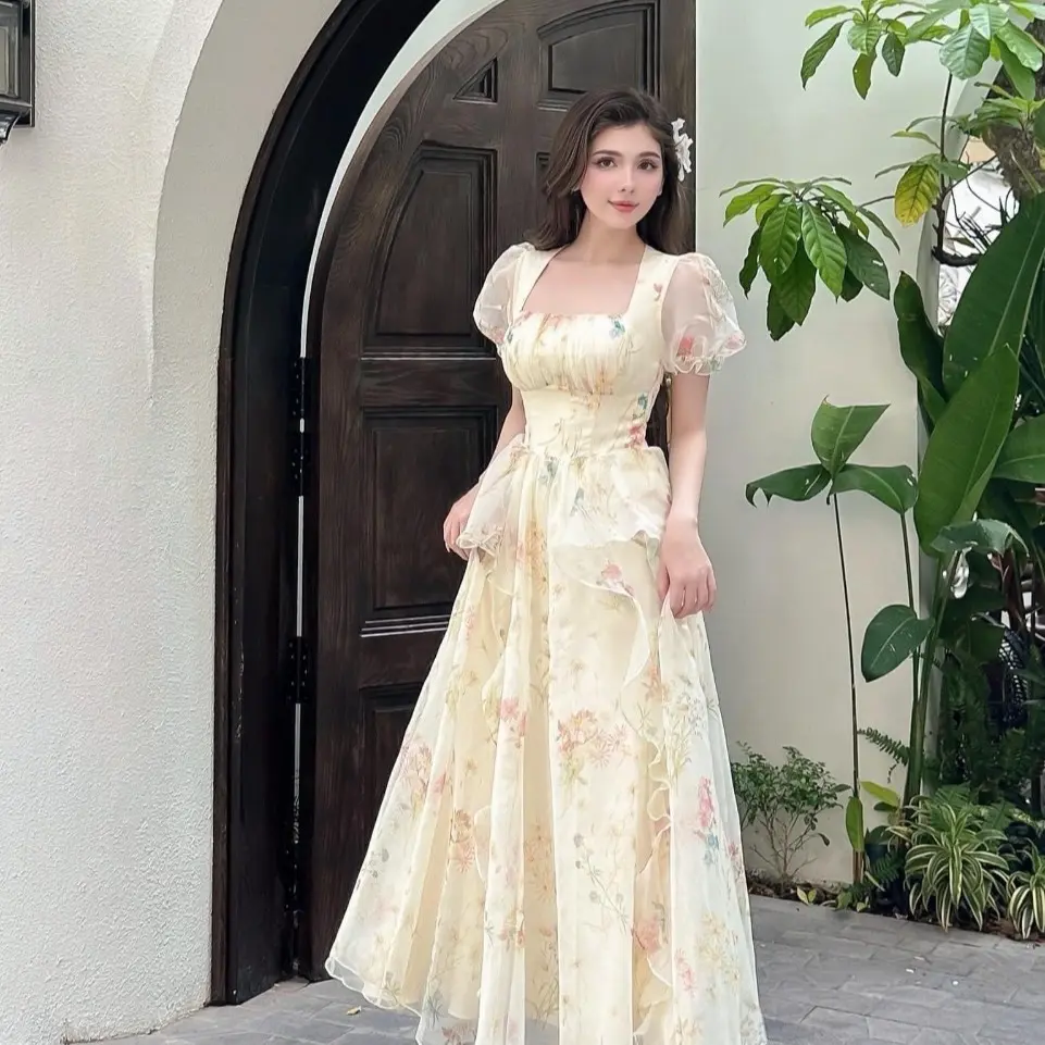 Váy Thiết Kế Cổ Vuông Cao Cấp Hoa Lá Dáng Dài Voan Nữ Women Dress Voi