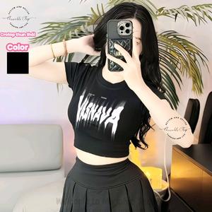 Thun Thái Áo Croptop Nữ Dáng Ngắn Ôm Body Form Basic Cổ Tròn Tay Ngắn In Chữ To Vasnava Màu Đen Size S Phong Cách Dễ Thương Gợi Cảm Đường Phố