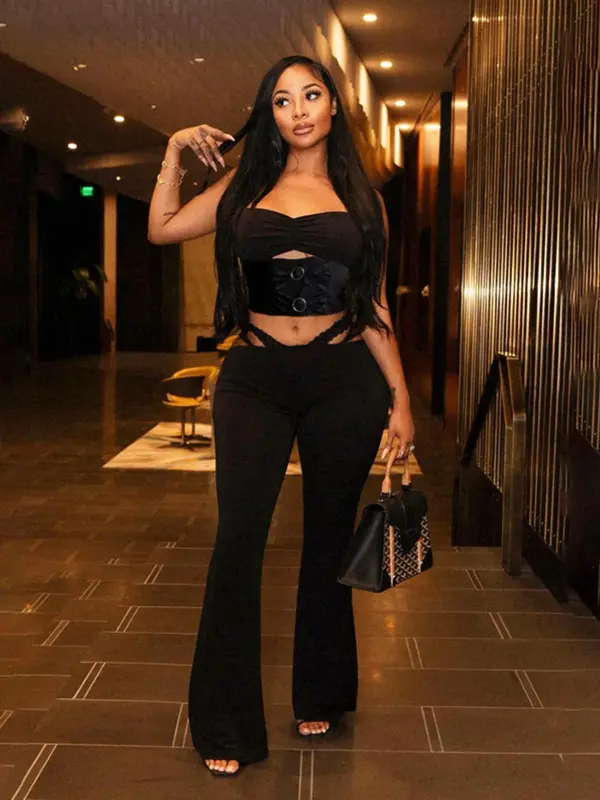 Women's Solid Color Crop Cami  Top & Flare Leg Pants Set, Casual Fashion Cozy Two-piece Outfits for Daily Outdoor Wear, Ladies Clothes for Summer 4