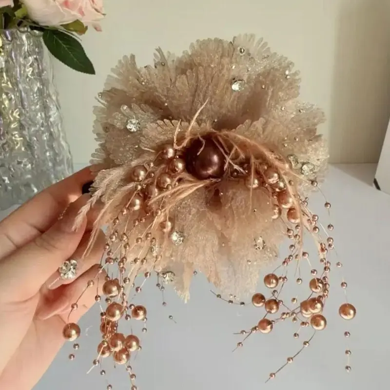 Kẹp Tóc Hạt Hoa Lưới, Cỡ Lớn, Kẹp Tóc Tua Rua Lông Vũ, Phụ Kiện Cổ Điển Kẹp Tóc Đuôi Ngựa Cho Nữ, J7L4 3