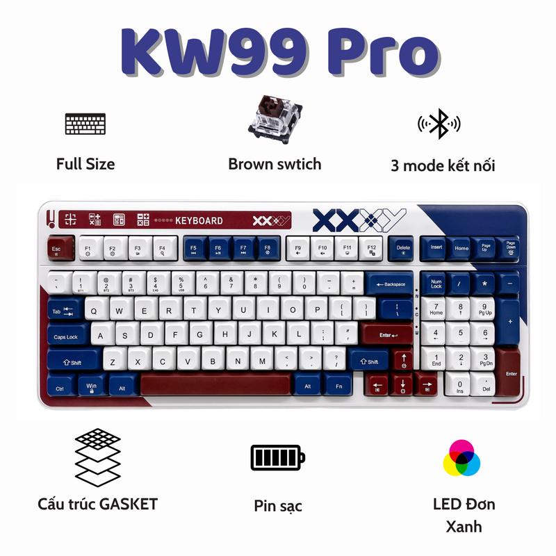 Bàn phím cơ không dây bluetooth ATAS KW99 Pro 3 Mode kết nối Pin sạc - Brown swtich - Có Hot-swap - Led Rainbow