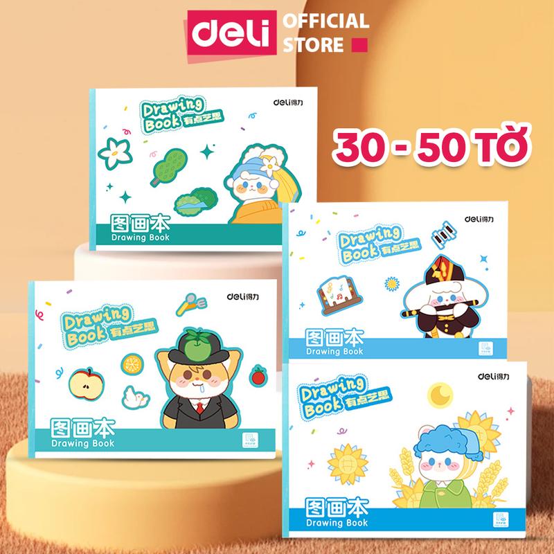 Sổ vở tập vẽ kẹp lò xo và dán gáy 30 tờ A4 dày dặn Deli - Vở tập vẽ chống thấm, chống lóa có thể vẽ màu nước, đáng yêu dành cho học sinh trẻ nhỏ
