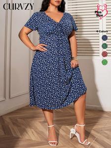 CURVZY Plus Size Ditsy Floral Print Tie Front A Line Dress, Boho V Neck Short Sleeve Dress for Summer & Autumn, Women's Clothes for Beach Holiday Vacation