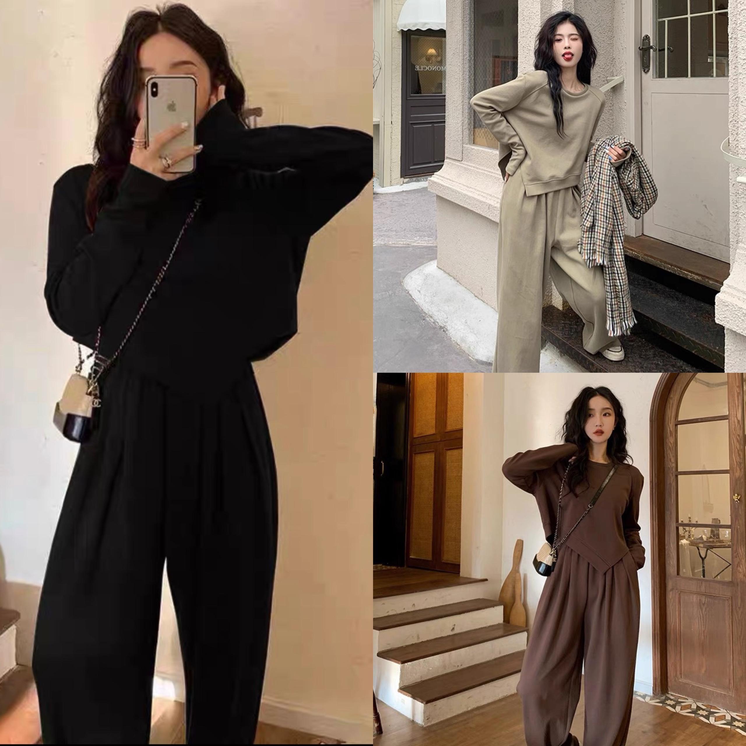 [Xả Kho] Set Thun Vải Nỉ Tăm Quần Dài Áo Vạt Chéo Thanh Lịch Dễ Thương Bigsize 55-95kg Top Nữ Đen Women - A.1246
