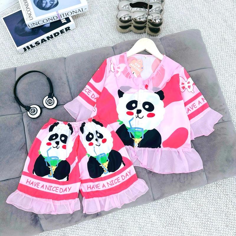 Set lụa viền bèo in 5D hình gấu hồng panda cho mẹ và bé siêu dễ thương mặc nhà hay đi chơi 3