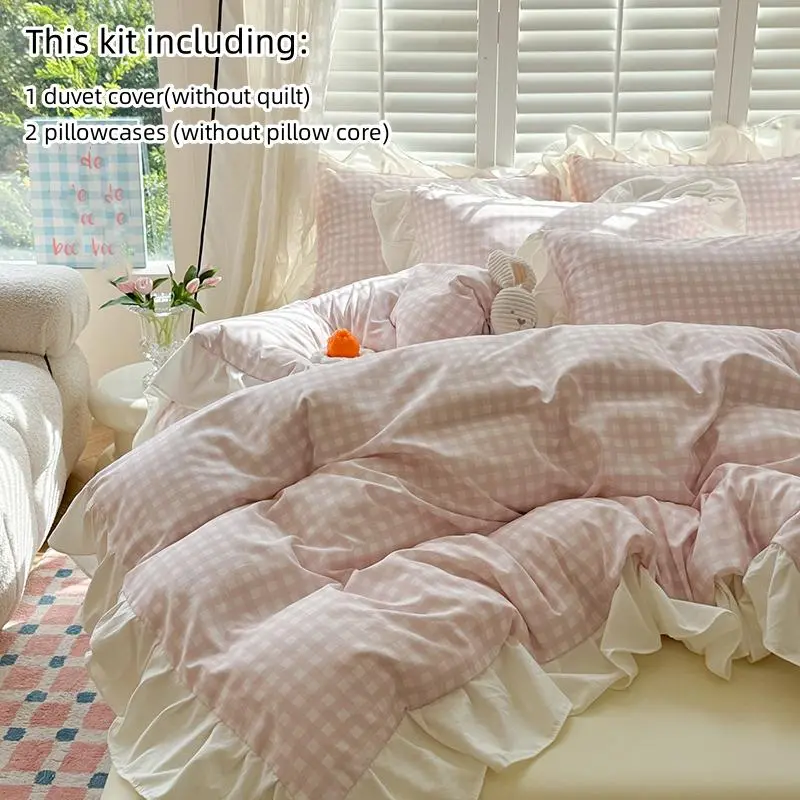 Pink Gingham Pattern Bedding Set, 3 Counts/set Including 1 Count Duvet Cover & 2 Counts Pillowcase without Filler, Soft Comfortable Bedding Set for Home Bedroom, Machine Washable Duvet 3