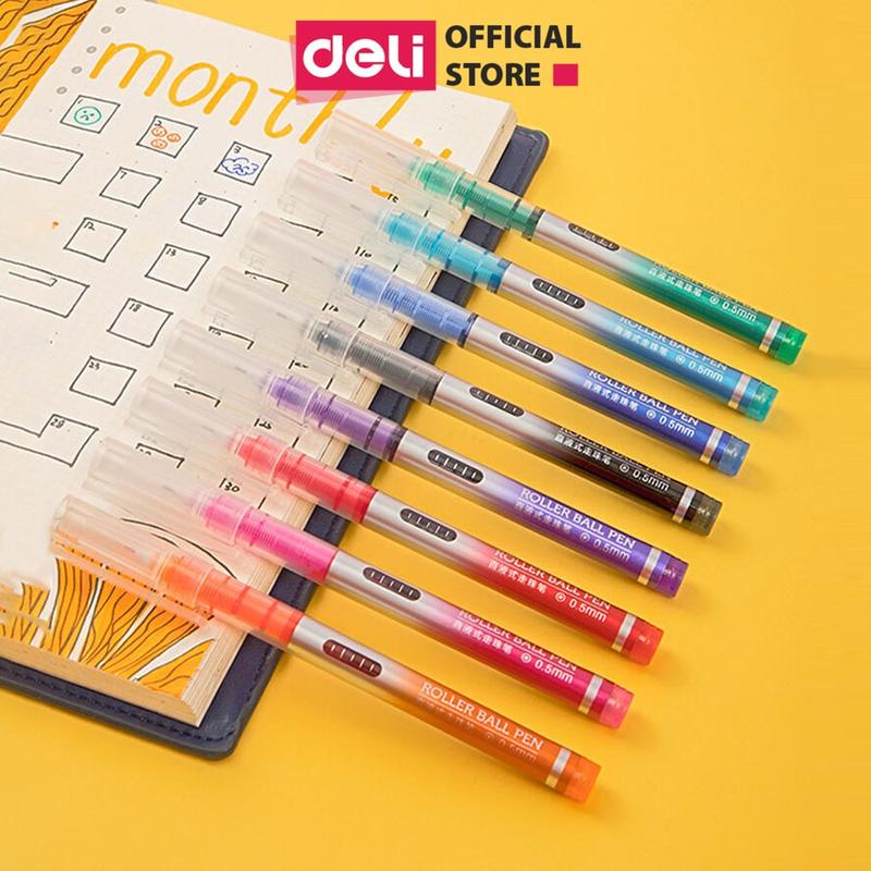 COMBO 2 CHIẾC Bút Mực Nước Roller Pen Xanh Đen Bi Nước Nhiều Màu 0.5mm Deli Viết Thư Pháp Ống Mực Liền S853
