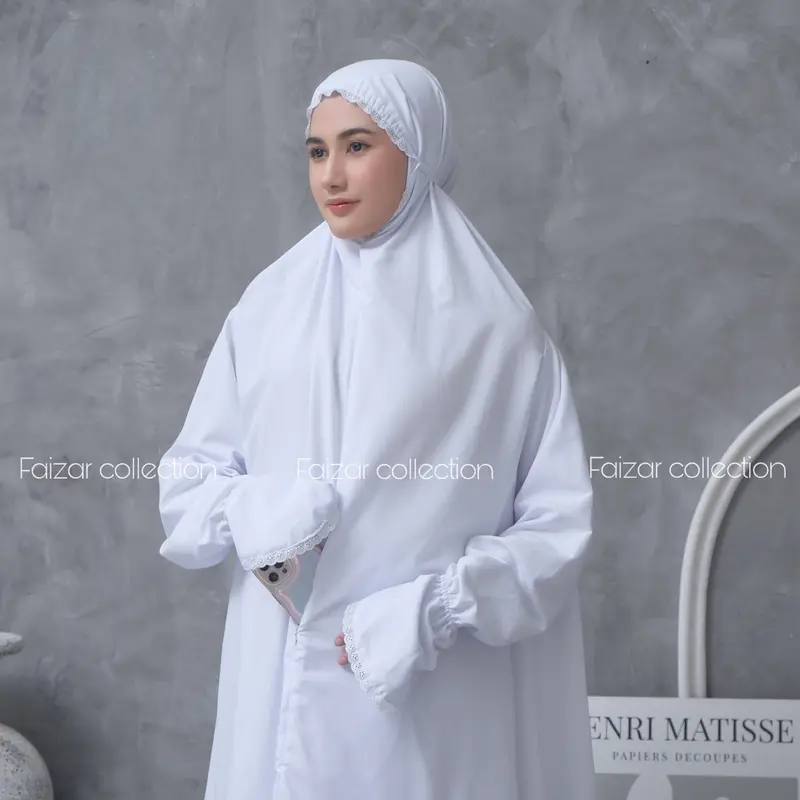 Mukena Dewasa Stelan Berlengan Umroh Dan Haji Katun Premium Haji Muslim Putih 7