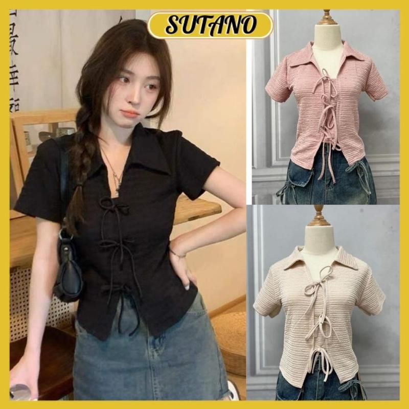 áo brandy coquette nữ form baby tee xᶖnh áo kiểu nữ cổ polo buộc dây nơ chất xốp nhăn co giãn A334 SUTANO