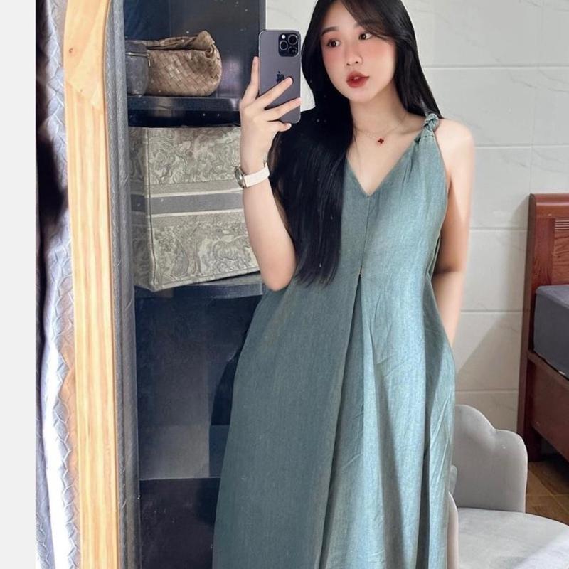 Váy bò giấy nút vai HangTong qc váy sát nách nữ Dress