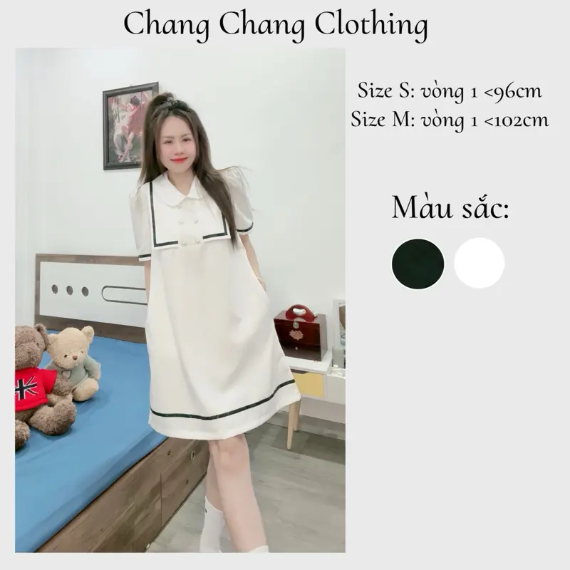 (Hình Thật) Đầm Babydoll Nút Ngọc Trai Vải Chéo Hàn | Đầm Thiết Kế Chang Chang Clothing |  Nữ Váy Dress Women - V95