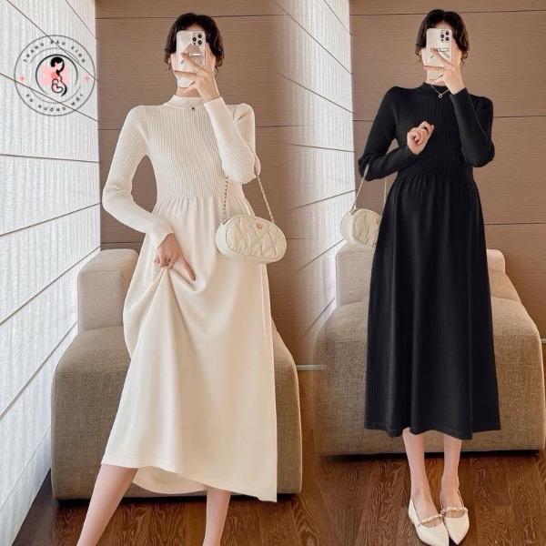 Váy bầu Len Cổ 3p đầm bầu V1031 Dáng Dài Phom Xòe Phong Cách Hàn Quốc đầm bầu đầm bầu Nữ