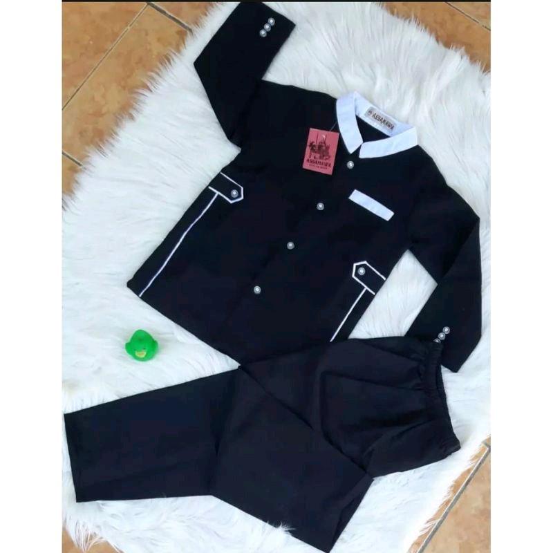 Baju koko anak Laki Laki Setelan usia 4-12 Tahun Hitam Muslim Kain Katun Panjang Kancing Celana 0