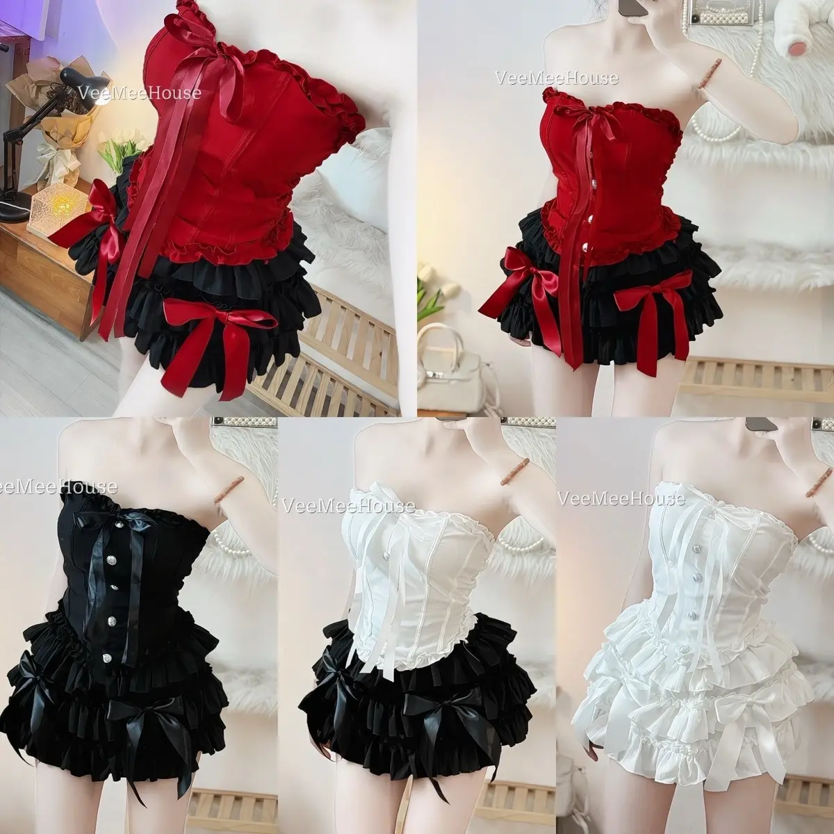 Set cup cột nơ bèo phối chân váy tầng nơ xoè_veemeehouse _có bán tách lẻ  Women Top Nữ