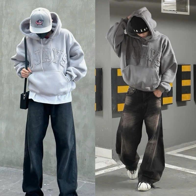 Áo khoác hoodie chui đầu thêu chữ nổi JJAYS form BOXY nỉ bông unisex nam nữ tay phồng Có Túi 4