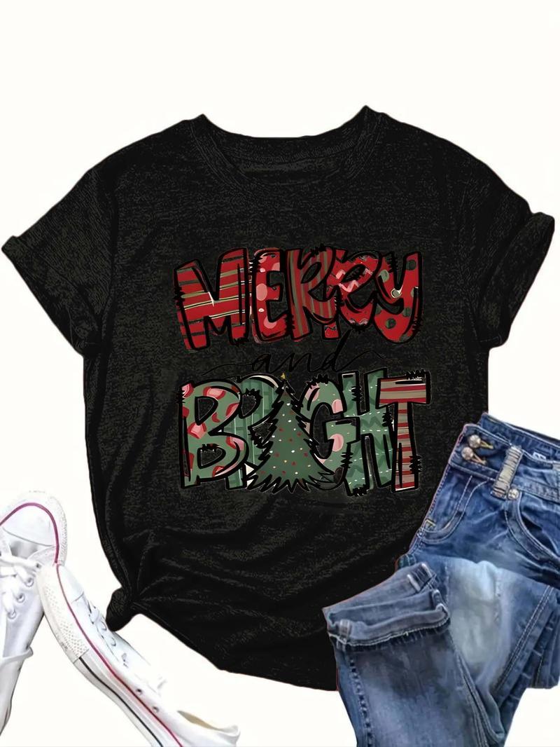 Product Introduction of 【Plus Size】 Cartoon Christmas Tree & Letter Print Round Neck Tee, Casual Short Sleeve Crew Neck T-Shirt for Summer, Women's Clothing for Daily Wear 6
