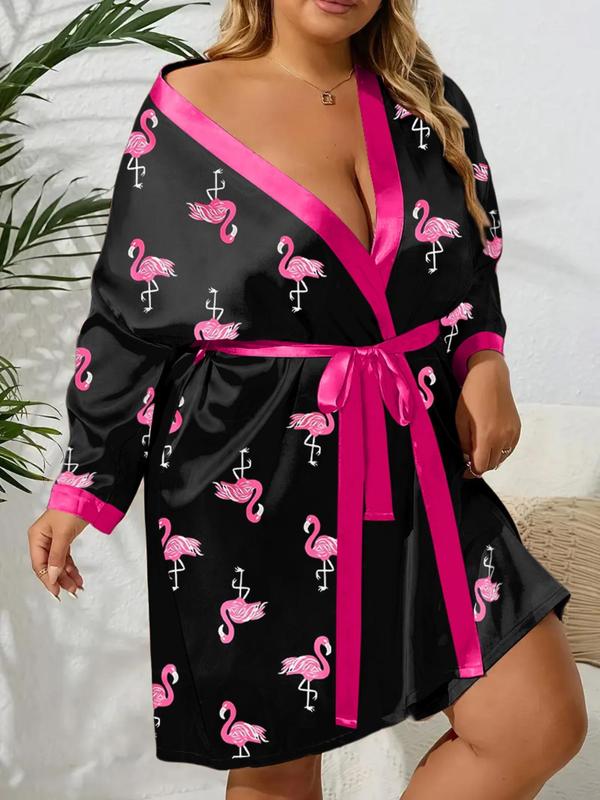 【Plus Size】 Flamingo Print Belted Robe, Casual Long Sleeve Robe, Women's Sleepwear for Spring & Fall 3