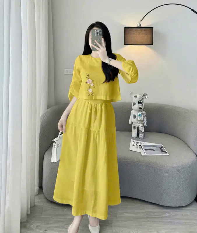 [Mia 10] Set áo chân váy thêu hoa tôn dáng đi biển siêu đep, chất liệu tơ thái mềm mịn, thoáng mát, đủ size từ  40 -85kg 1