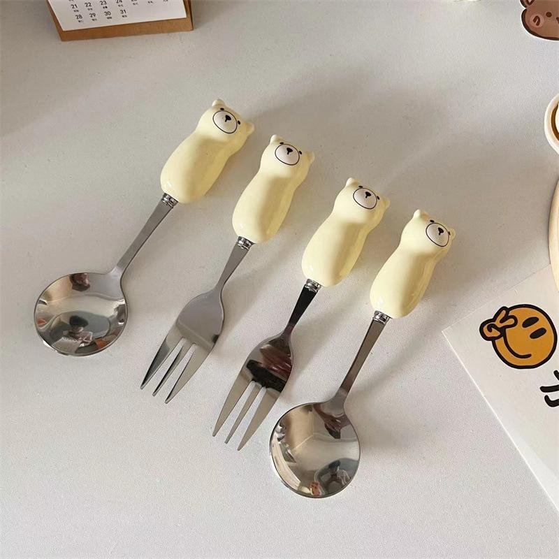 Product Introduction of Bear rice short handle cute spoon set ceramic fork cartoon children household dessert spoon dining Cutlery Tableware 4