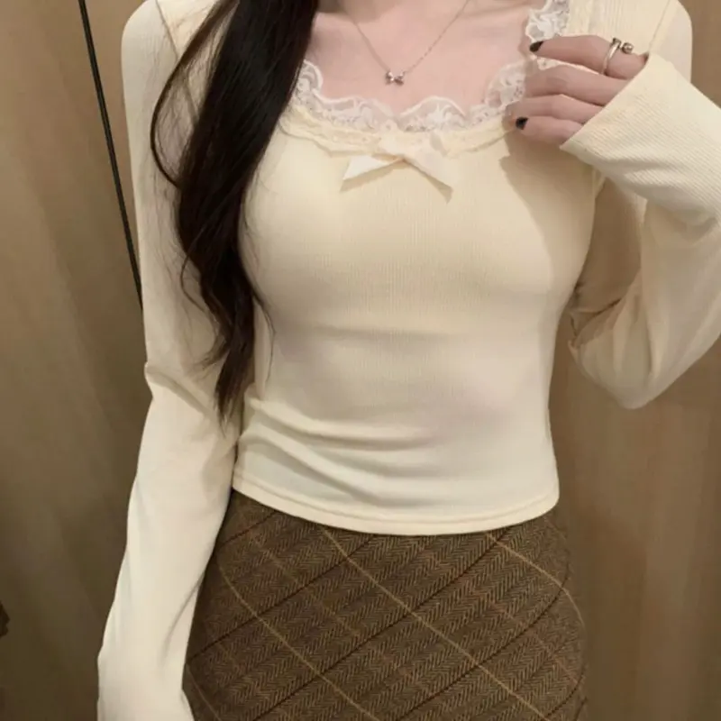 Áo lớp cơ sở phù hợp bên trong ren, dễ thương và gợi cảm, dành cho phụ nữ, Thích hợp cho đầu thu và mùa đông, Hàng mới về năm 2024, có nơ, cổ áo thấp ngắn, áo trà Pháp 2