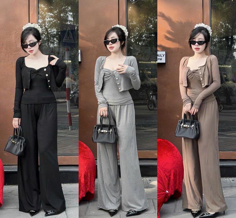 Set 3 Món Tăm Lạnh Áo 2 Dây Xoắn Ngực Phối Quần Ống Suông Rộng Kèm Áo Khoác Tay Dài Phối Nút Đồ Bộ Nữ HT