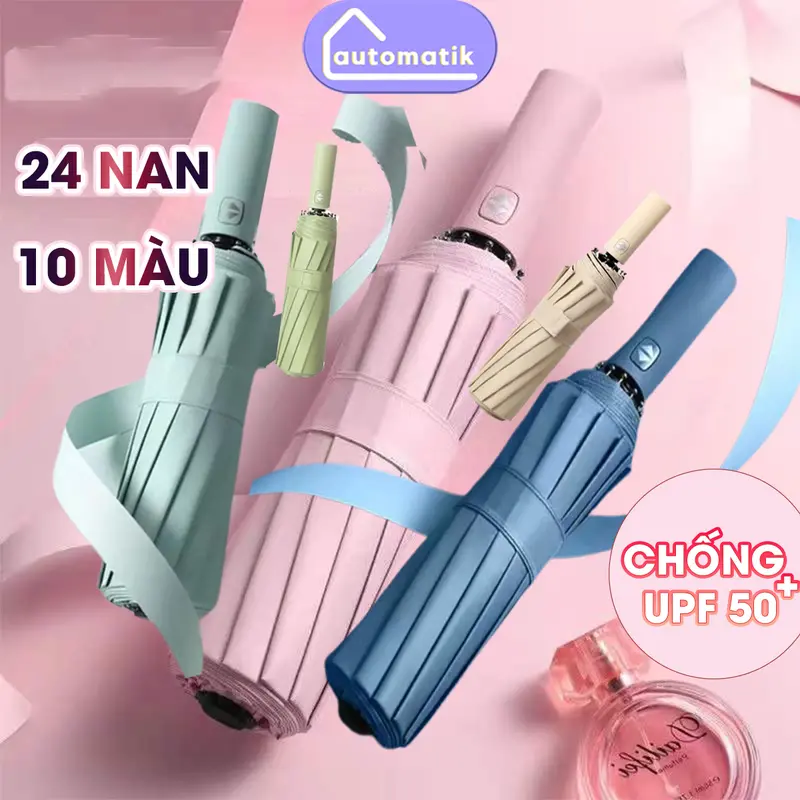 [N] Dù Che Mưa Nắng Gấp Gọn Tự Động Automatik Mini Cute 24 Nan Loại Lớn Ngoài Trời 2 Người Tự Bung Chống Lật Gió Cản 99% UV Ô 0