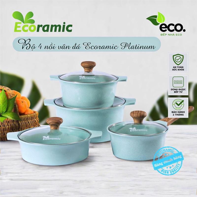 (TẶNG CHẢO 20CM) Bộ 4 Nồi Vân Đá Cao Cấp Ecoramic Platinum, 7 Lớp Chống dính - Xanh Pastel