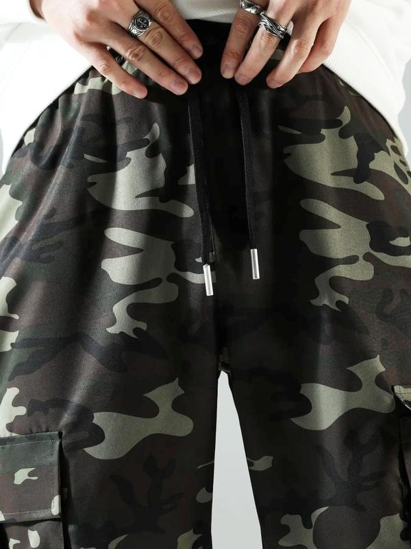 Men's Camo Print Drawstring Waist Cargo Pants, Regular Fit Flap Pocket Utility Pants, Men's Trousers for All Seasons, Lounge Men Clothes 5