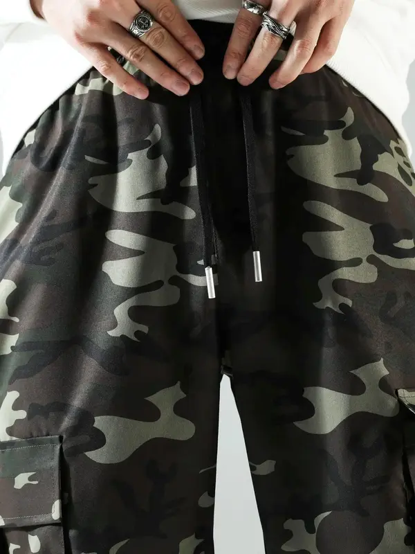 Men's Camo Print Drawstring Waist Cargo Pants, Regular Fit Flap Pocket Utility Pants, Men's Trousers for All Seasons, Lounge Men Clothes 5