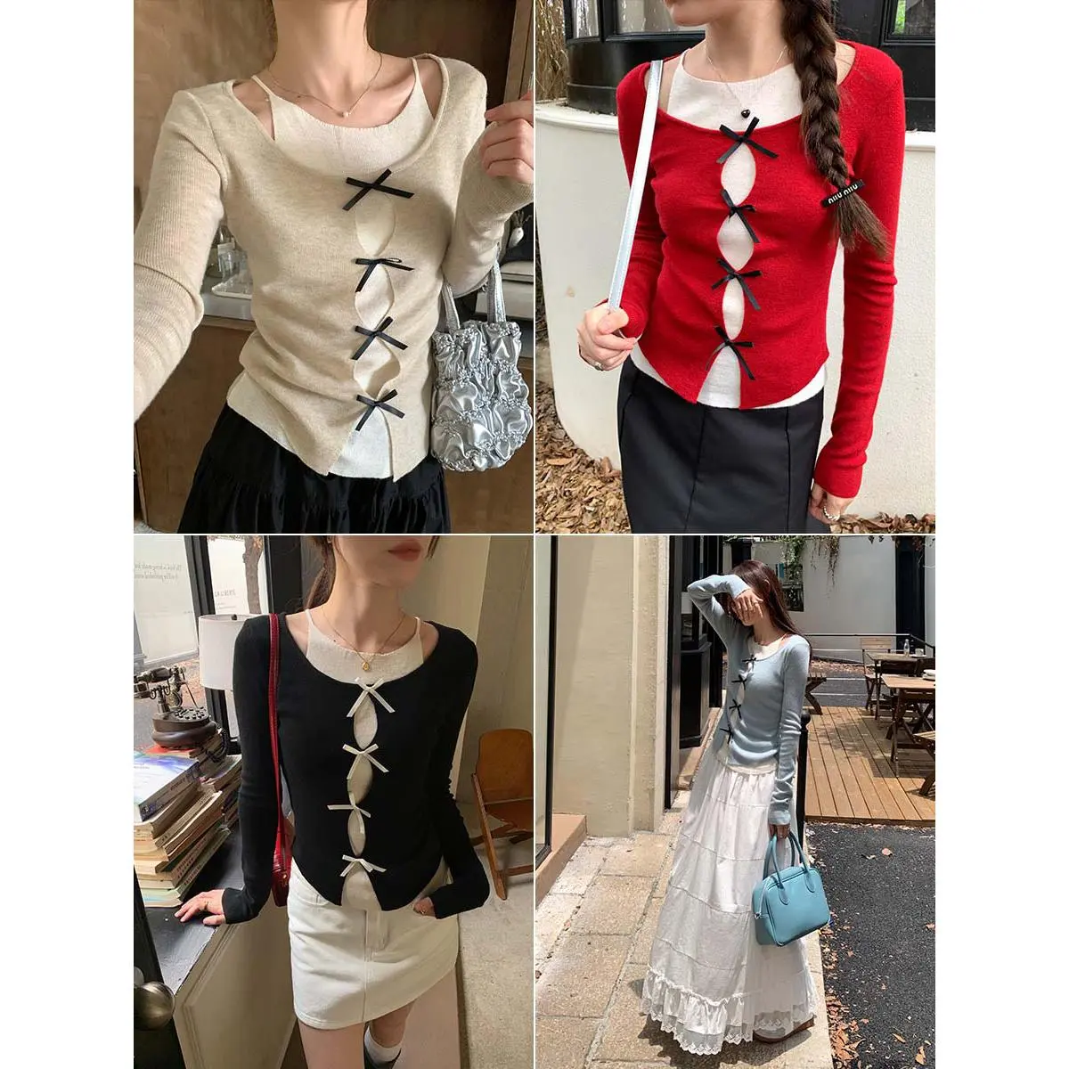 Áo Sơ Mi Dệt Kim Thắt Nút Bướm Giả Hai Mảnh, Dễ Thương Và Gợi Cảm, Dành Cho Nữ, Huang Zheng, Phong Cách Hàn Quốc, Bó Sát, Tay Áo Dài, Bộ Sưu Tập Mùa Thu 2024, 143MY628 Top Dài Tay