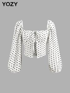 YOZY Women's Polka Dot Print Tie Front Bishop Sleeve Blouse, Casual Square Neck Long Sleeve Top for Spring & Fall, Women's Clothes for Daily Wear