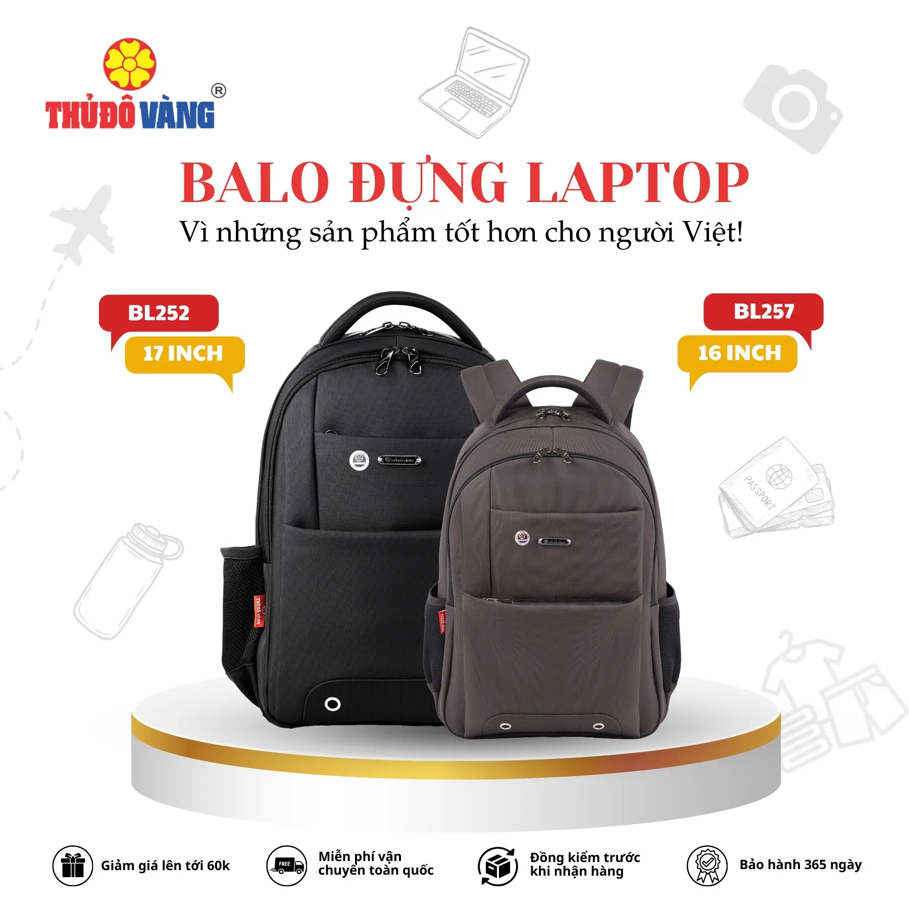 THỦ ĐÔ VÀNG Balo Nam Nữ size to Đi Làm, Đi Học, Đi Du Lịch bảo vệ Laptop 16, 17inch BL252, BL257