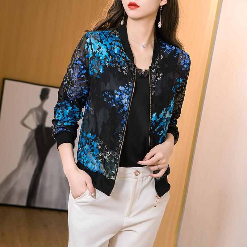 Chiffon Printed Baseball Jacket Women's Long Sleeve 2025 Spring Summer New Loose Jacket Sun Protection Thin Short Coat 1