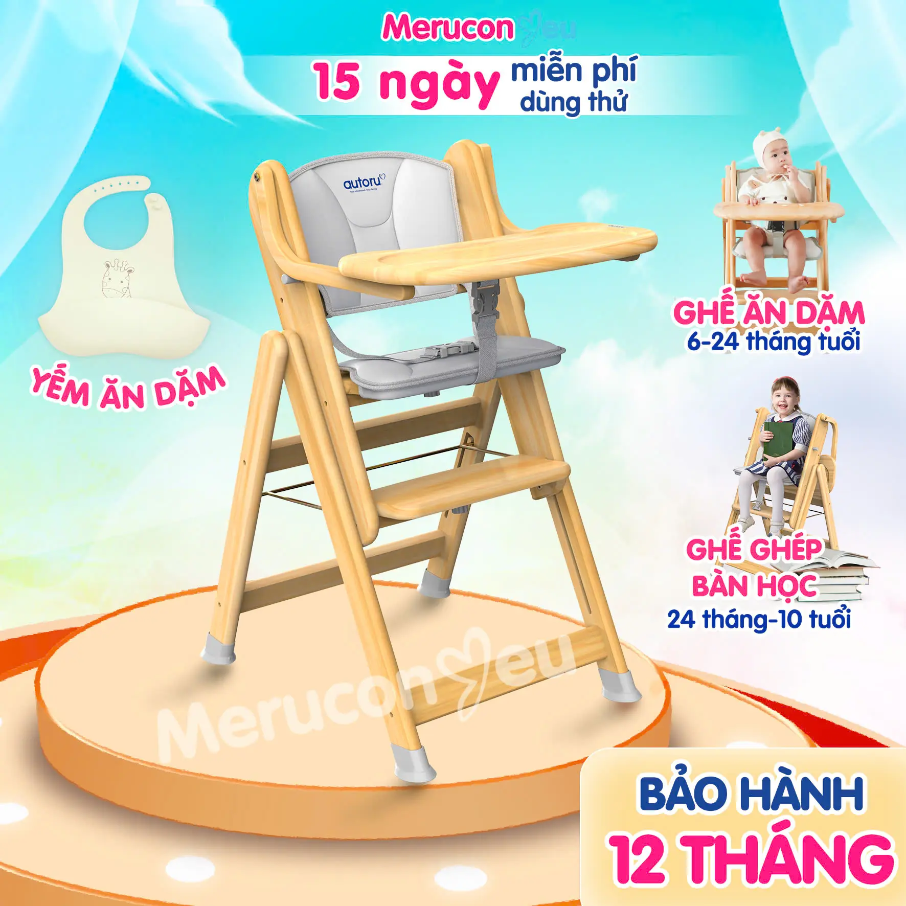 Ghế Ăn Dặm, bàn ăn cho bé Autoru Chất Liệu Gỗ, Sơn Chống Ẩm Mốc, Thiết Kế Chống Đổ Ngã H1