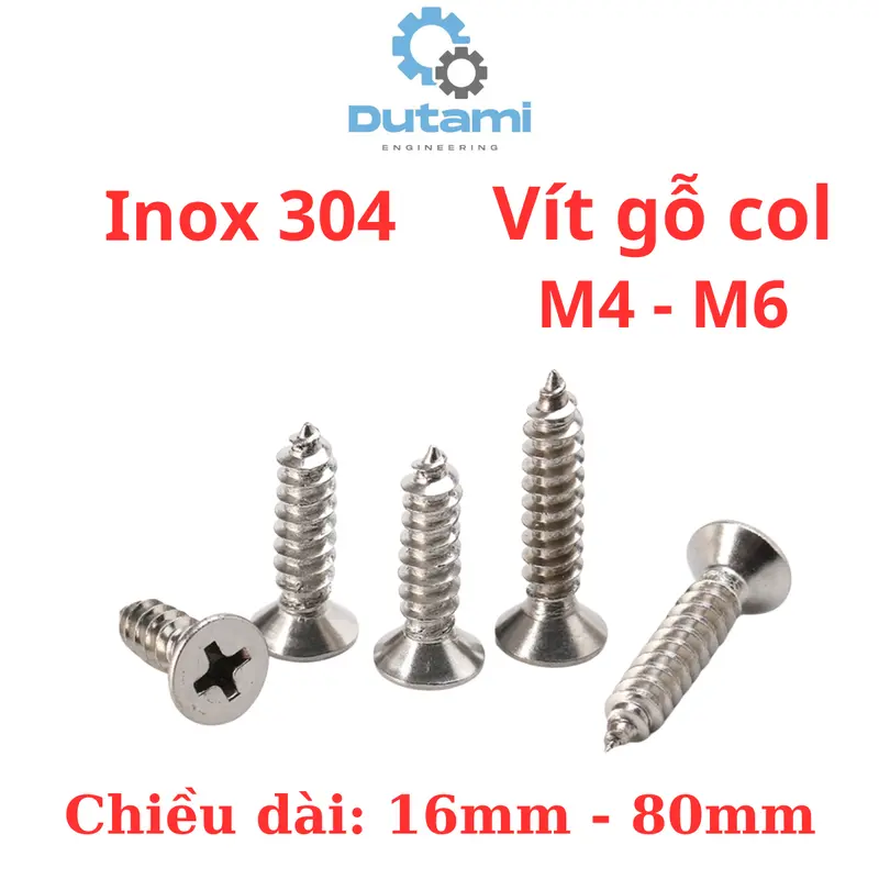 Vít răng thưa bắn gỗ, vít bắt tắc kê inox 304 đầu bằng size M4 M5 M6 4