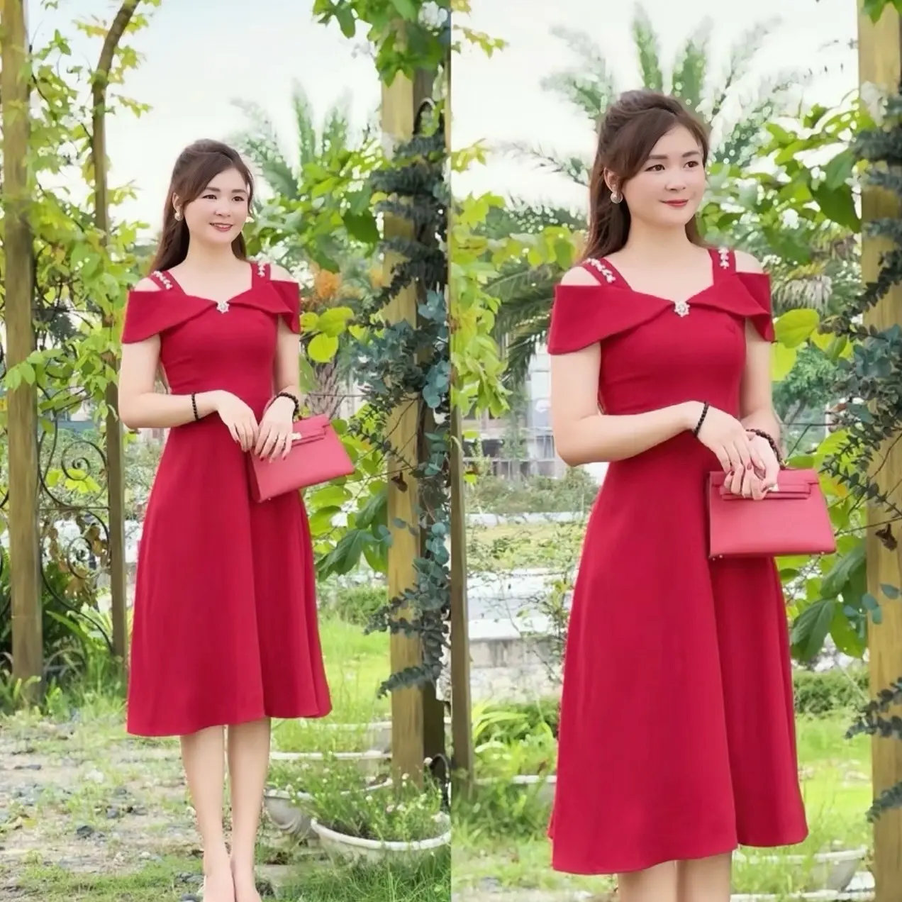 Có bigsize. Váy đi tiệc bẹt vai đính đá form xoè tôn dáng , thanh lịch, kín đáo. (size 40-71kg).
