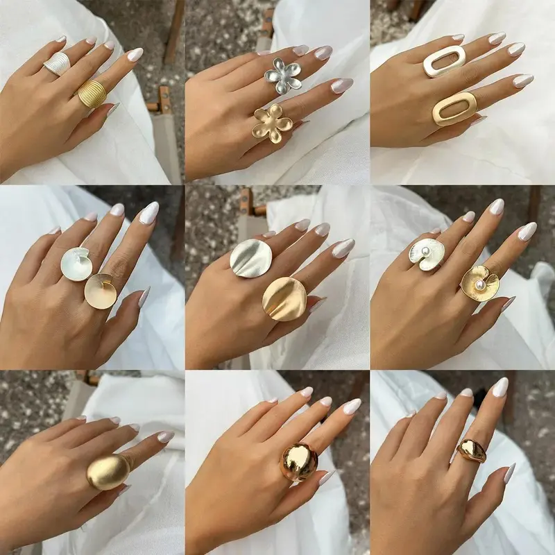 Nhẫn Hình Hoa Kim Loại, Thiết Kế Cỡ Lớn Thời Trang, Dành Cho Nữ, Họa Tiết Đơn Giản, Màu Vàng Và Bạc, Nhẫn Ngón Tay Có Thể Điều Chỉnh Thích Hợp Cho Bữa Tiệc, Đồ Trang Sức 0