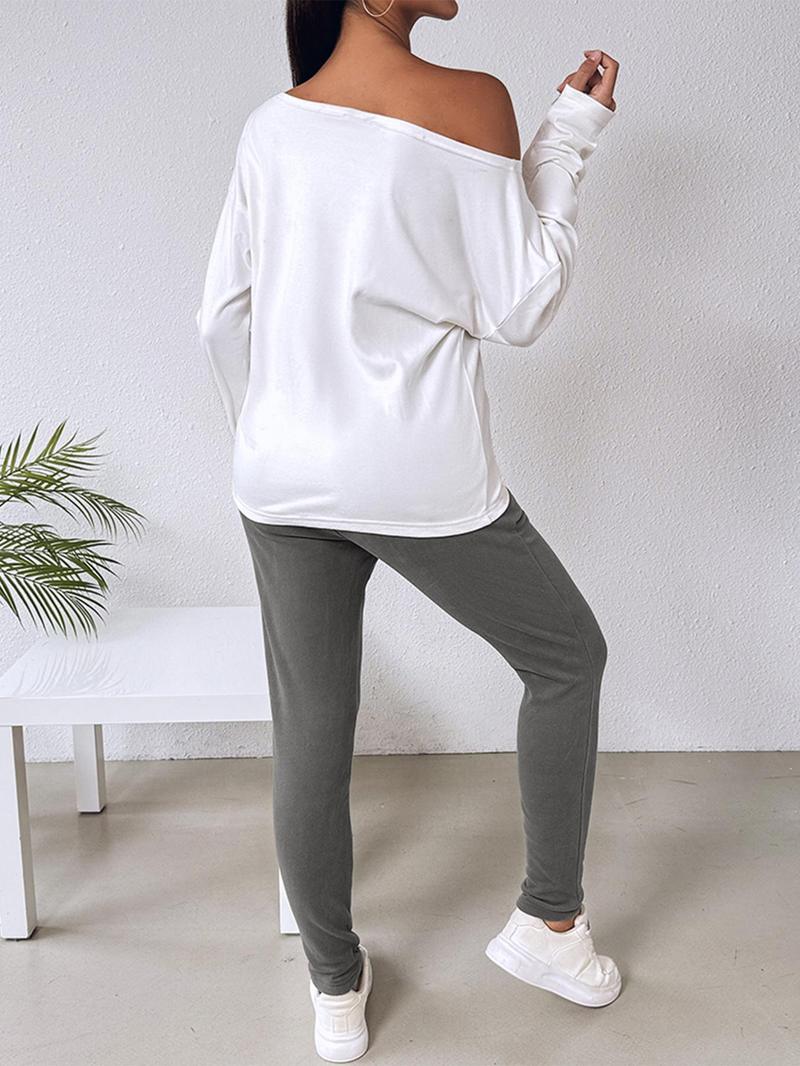 Product Introduction of Women's Letter Print One Shoulder Sweatshirt & Drawstring Waist Sweatpants Two-piece Set, Casual Fashion Cozy Drop Shoulder Long Sleeve Pullover & Pocket Pants for Daily Wear, Ladies Fall & Winter Clothes, Co Ords for Women, Travel 17