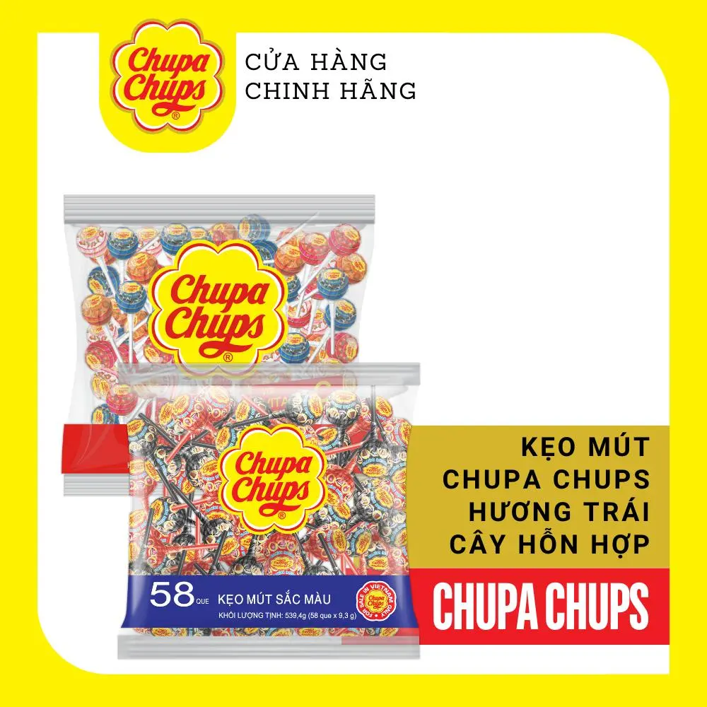 Kẹo mút Chupa Chups Hương trái cây hỗn hợp, kẹo mút tô màu lưỡi hương Dâu và Cola (Gói 10 que/58que/108 que)
