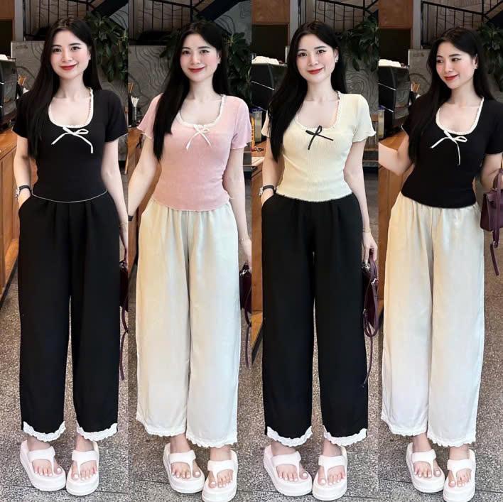 Sét bộ quần baggy  lai ren phối áo baby tee viền ren tay áo lai áo cuốn biên trẻ trung thời trang