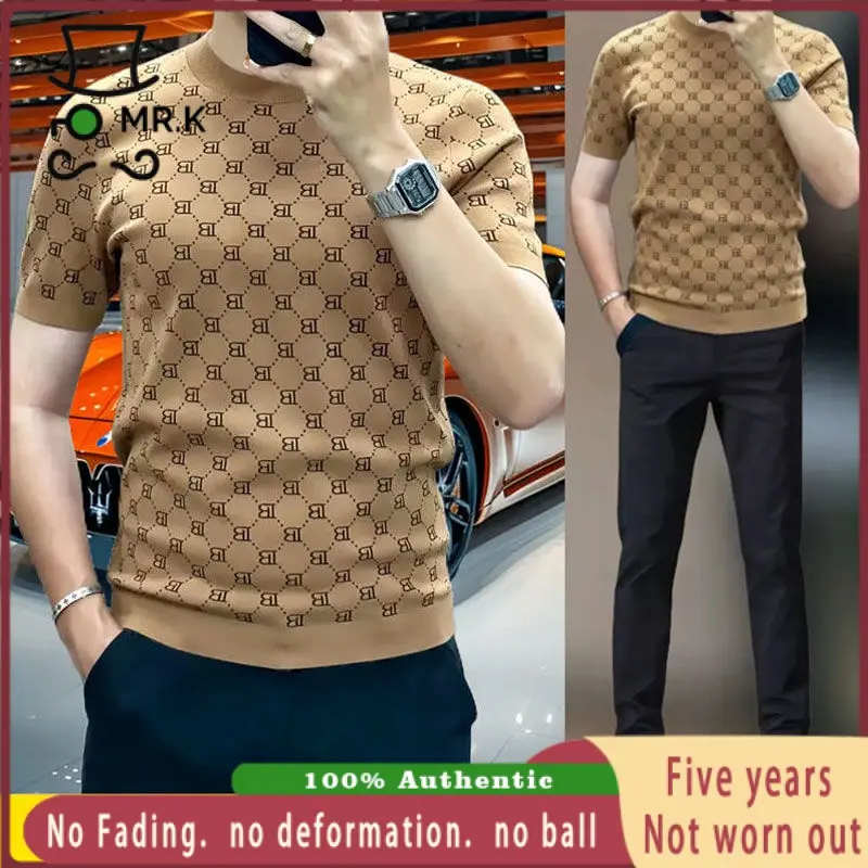 NO.1 New High-End Short-Sleeved T-shirt Men's Summer Fashion Ice Silk plus Size Half Sleeve Men's round Neck Light Luxury Casual Handsome Mature Top