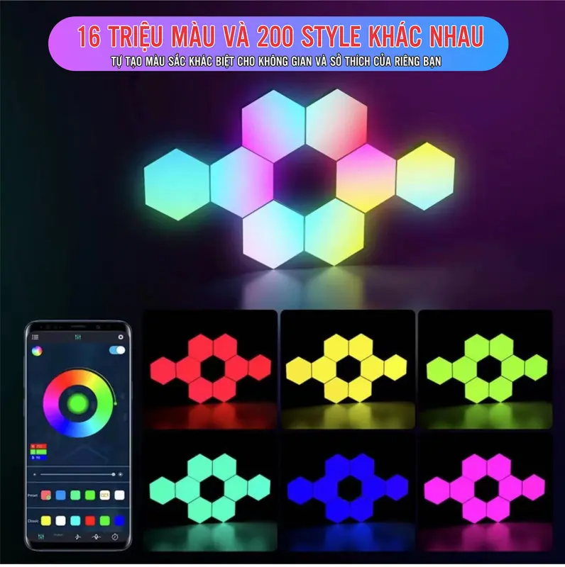 Combo 6 thanh Đèn Led lục giác RGB gắn tường nháy theo nhạc có app điều khiển wifi trang trí phòng làm việc phòng game setup 3