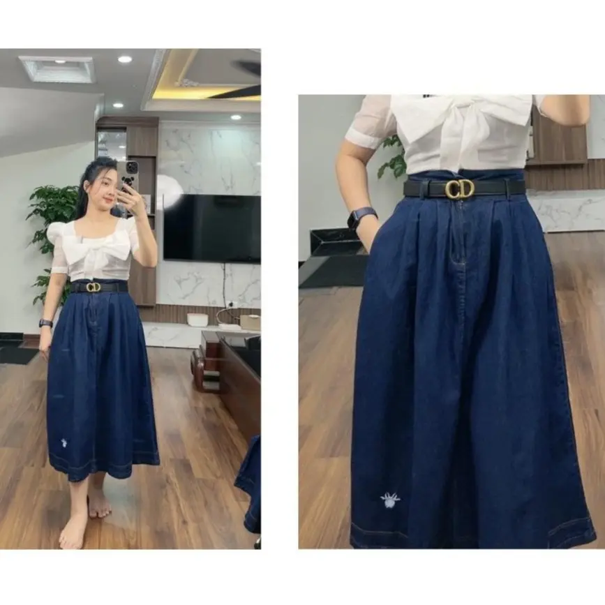 [Có Big Size] Chân váy jeans xòe thêu ong chất jeans đẹp cao cấp Nữ