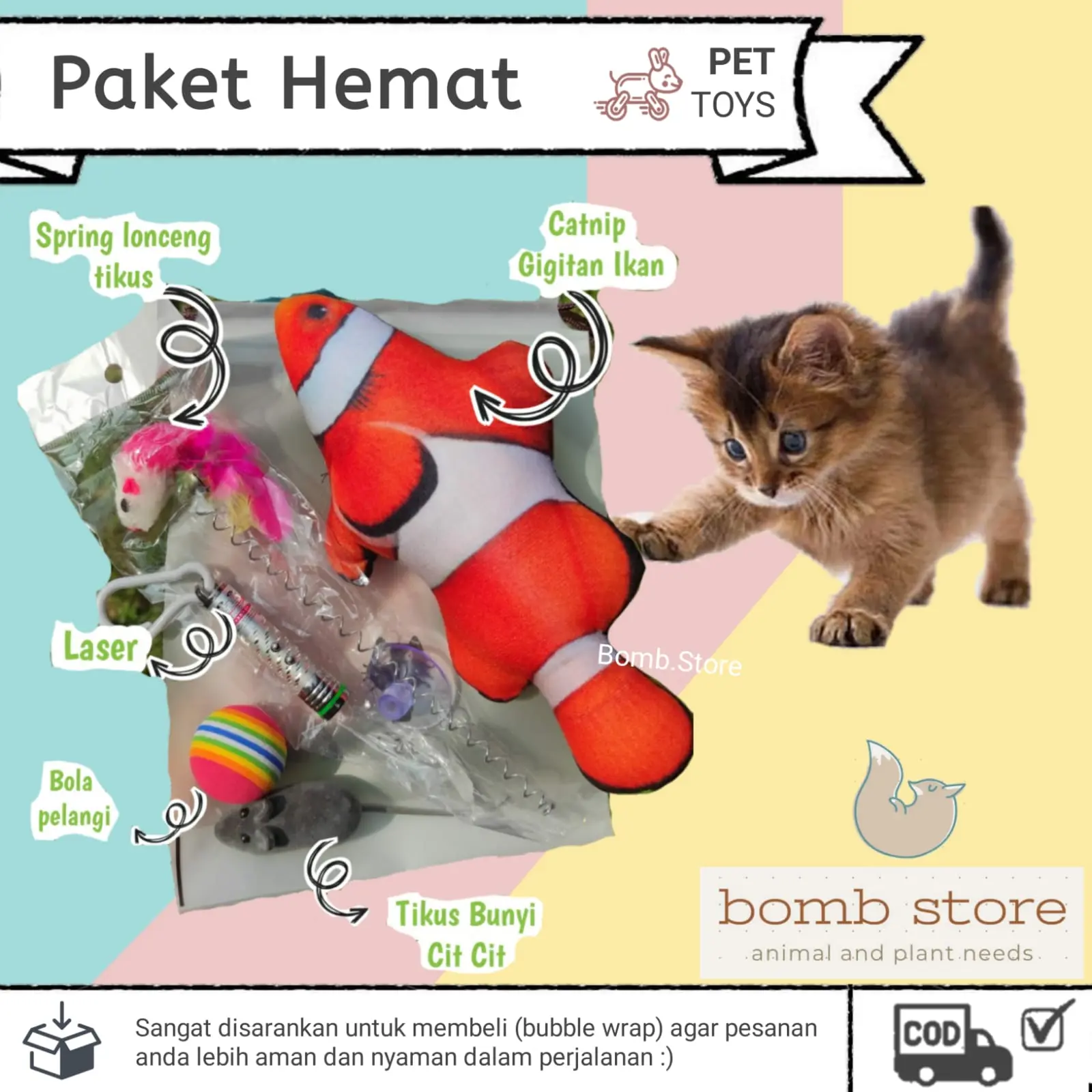 Paket Mainan Kucing | Pet Toys | Rainbow Ball | Catnip Ikan | Laser | Spring | Tikus Cit