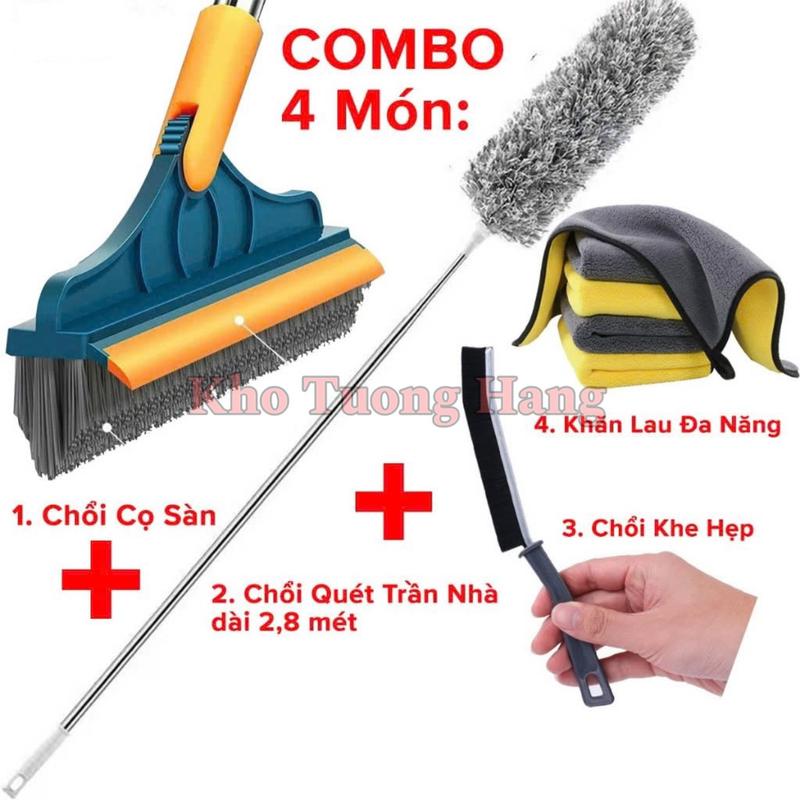  Combo Dọn Nhà 4 Món : Chổi Chà Cọ Nhà Vệ Sinh + Chổi Quét Trần Nhà + Bàn Chải Khe Hở Góc Cạnh + Khăn Lau Xe Ô Tô Cao Cấp Làm Sạch 
