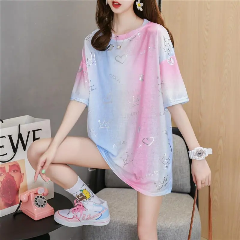 Áo Thun ngắn Tay Dài Trung Bình Màu Gradient Thương Hiệu Thời Trang, Phong Cách Phương Tây, Dành Cho Trang Phục Mùa Hè Của Phụ Nữ, Thiết Kế Dáng Rộng Vừa Vặn, Áo Tay Lửng