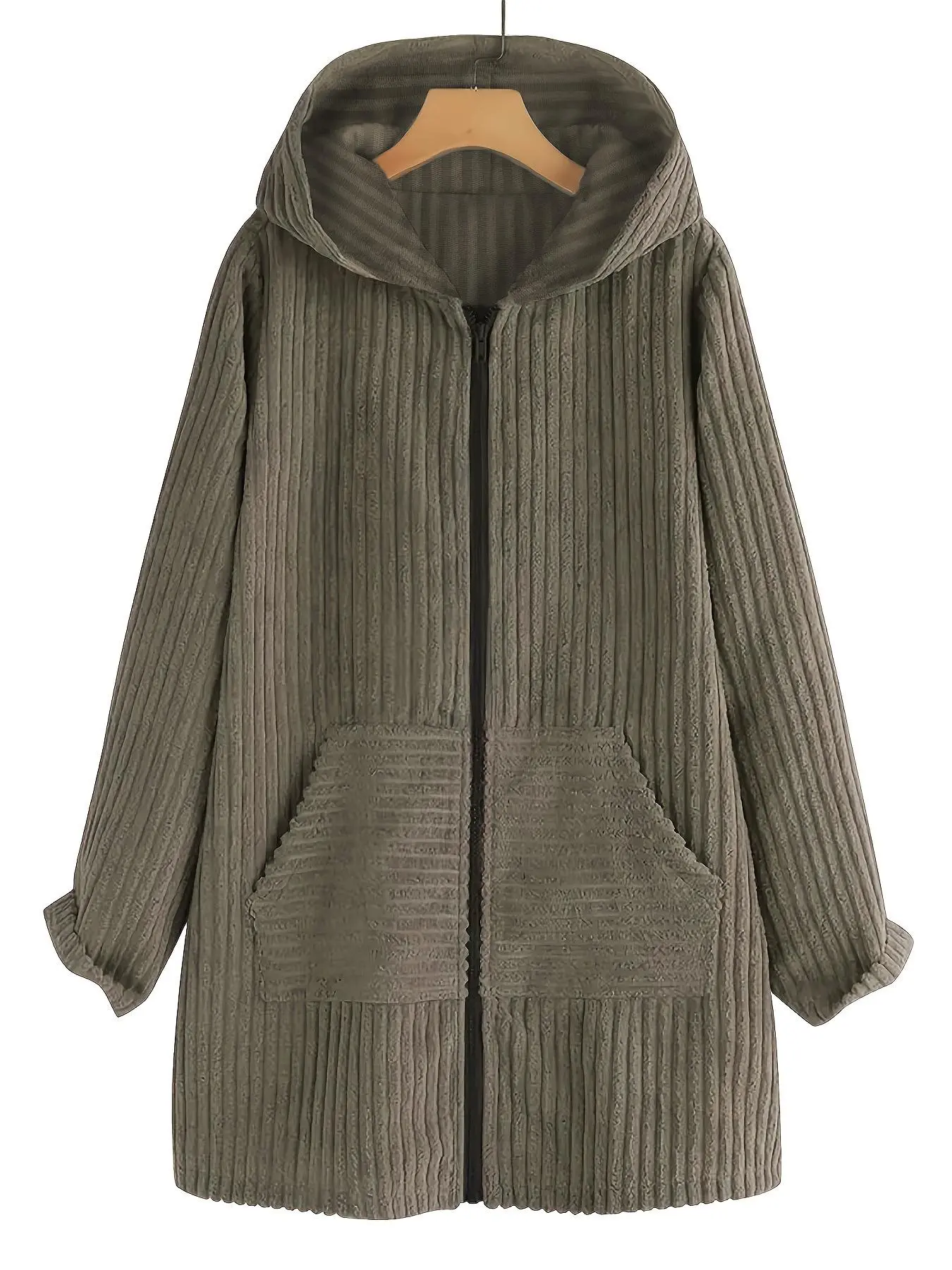 【Plus Size】 Solid Pocket Zipper Corduroy Hooded Jacket, Casual Long Sleeve Outerwear for Fall & Winter, Women's Clothes for Daily Wear