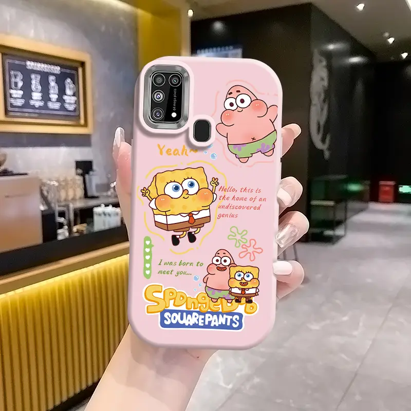 Casing hp SAMSUNGM31 4G GW Xiaopang Dwen Silicone Women's Phone Case SpongeBob SquarePants dan Patrick English letter Kartun pola lucu merah muda dan kotak telepon putih 1