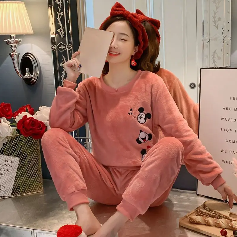 Bộ Đồ Ngủ Hoạt Hình Phong Cách Hàn Quốc, Chất Liệu vải nỉ, Dài Tay, Dành Cho Nữ, Bộ Đồ Mùa Thu Và Mùa Đông Ngọt Ngào, Lông Cừu San Hô Dễ Thương, Thích Hợp Cho Mùa Thu Và Mùa Đông Áo Women Top Quần Ngủ