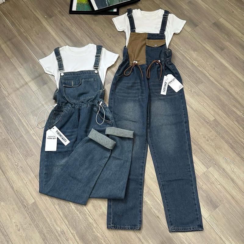 Quần Yếm Jean Dài Rút Eo Phối Thân-Yếm Bò Nữ Hai Dây Nhún Eo Denim Có Túi Women Pants - Cotton, Size S M L